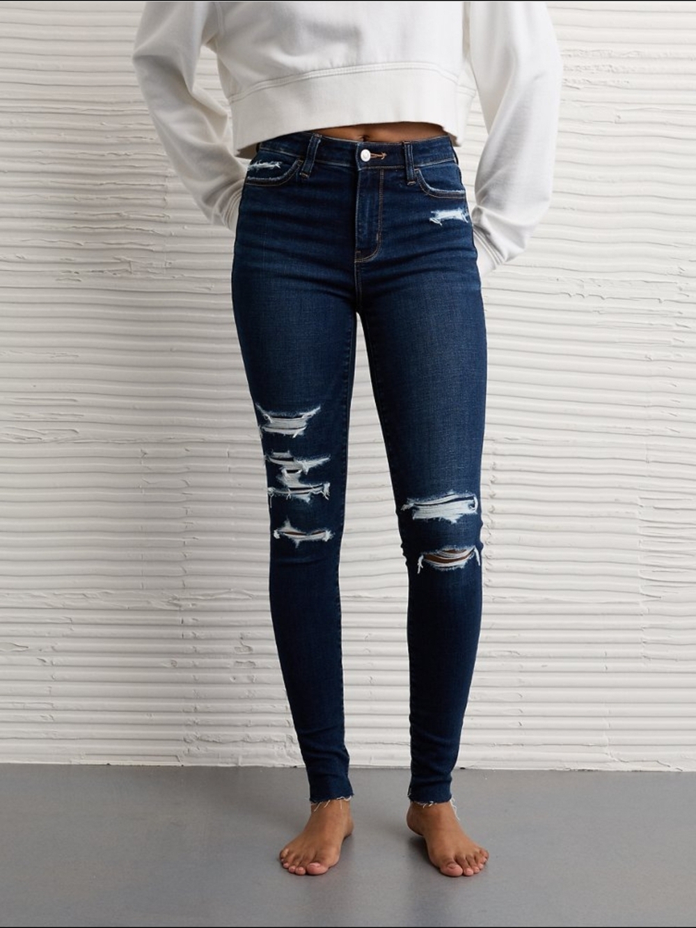 American Eagle Outfitters Dark Blue Distressed High-Rise Skinny Jeans